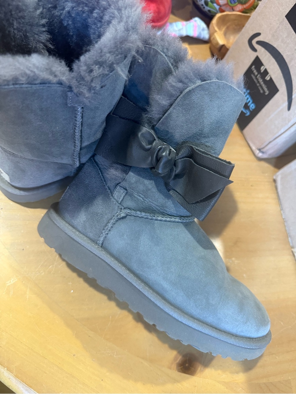 UGG Gray Suede Short Shearling Boots with Bow - Picture 4 of 12